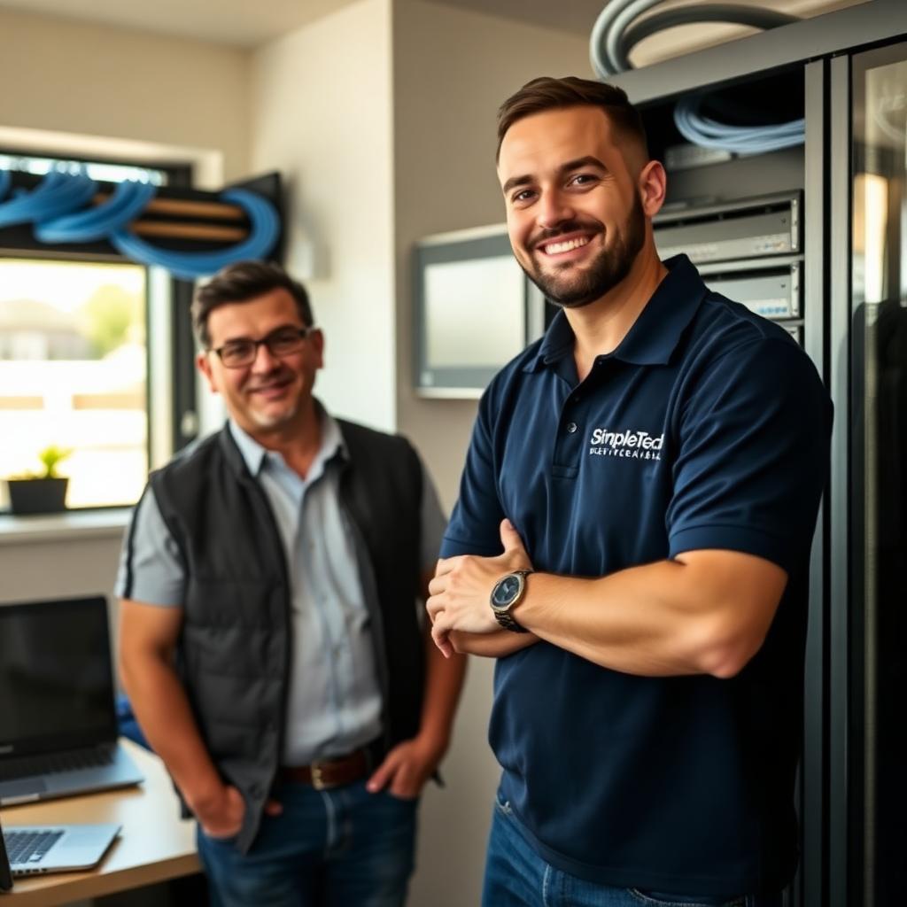 SimpleTech Helper technician on site with a Montclair CA small business owner reviewing a network rack